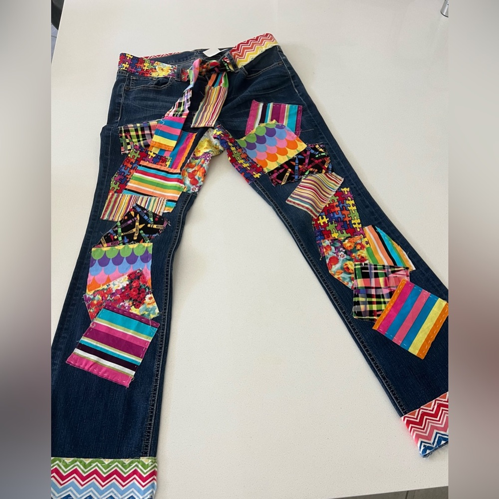 NY&C Bootcut Jeans Fabric Patchwork  & Belt‎ Women's 10 Petite New With Tag
